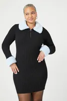 Women's Faux Shearling-Trim Sweater Dress in Black/Light Blue, 1X