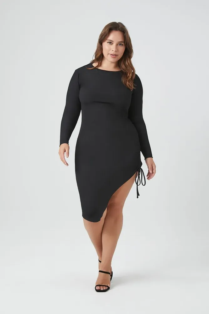 Women's Ruched Drawstring Midi Dress in Black, 3X