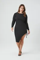 Women's Ruched Drawstring Midi Dress in Black, 3X