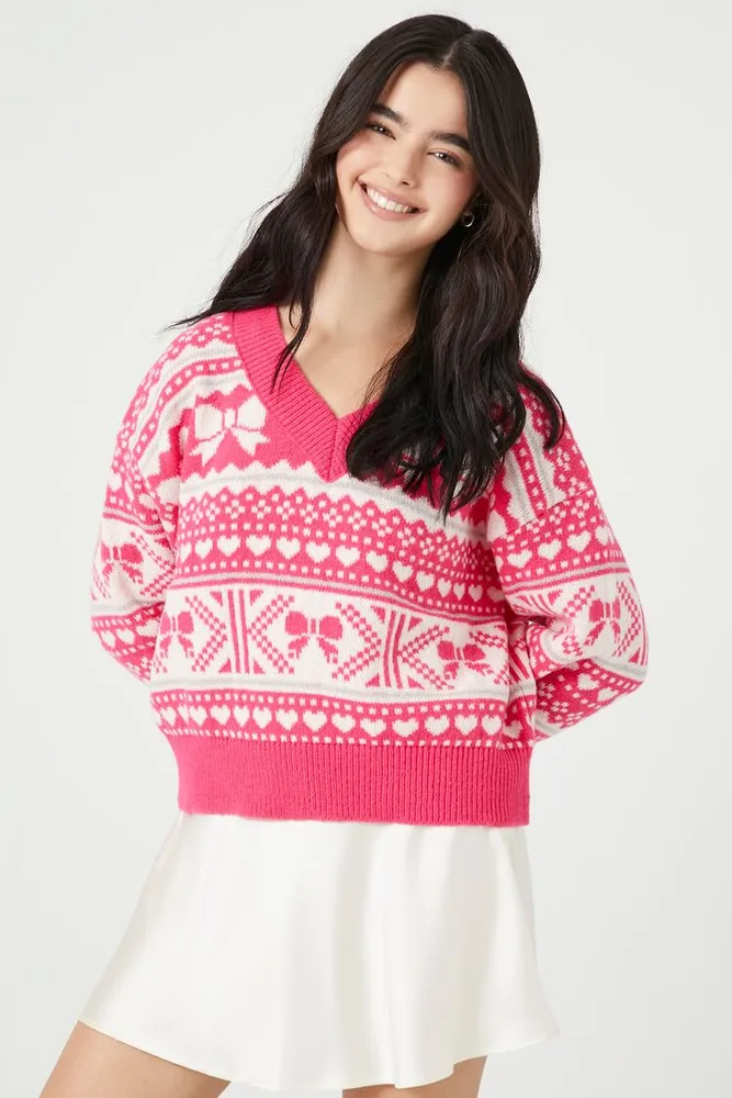 Women's Fair Isle V-Neck Sweater in Pink Medium