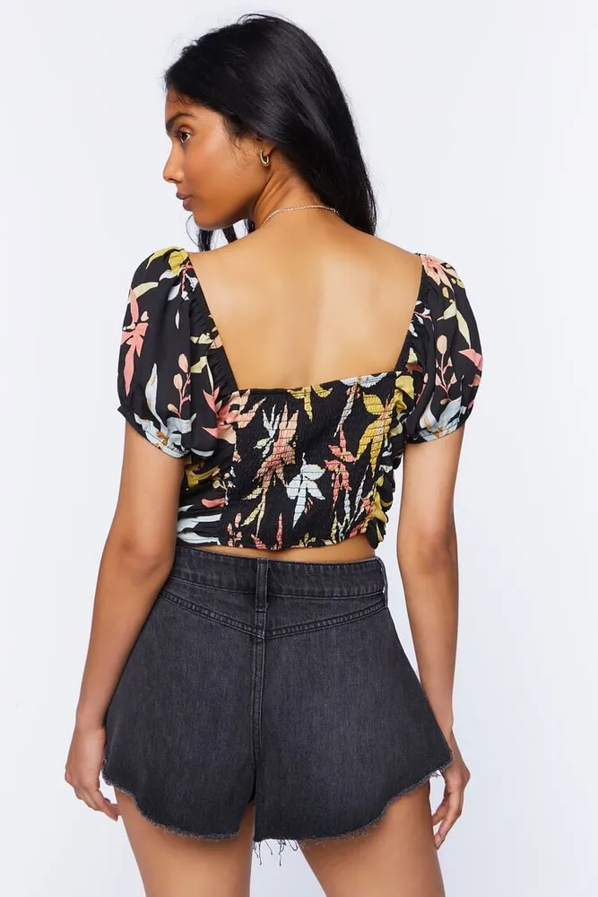 Women's Tropical Print Puff-Sleeve Top in Black Small