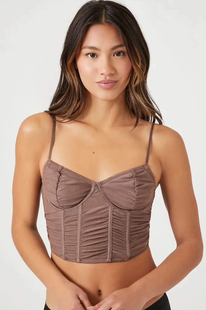 Women's Ruched Mesh Lingerie Corset in Deep Taupe Small