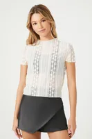 Women's Sheer Lace Mock Neck Top in White Small