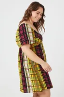 Women's Plaid Puff-Sleeve Mini Dress in Yellow, 1X