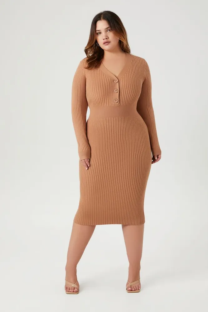 Women's Half-Button Sweater Midi Dress in Chestnut, 0X