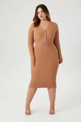 Women's Half-Button Sweater Midi Dress in Chestnut, 2X