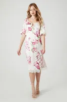 Women's Satin Lace-Trim Floral Midi Dress in Ivory/Pink Small