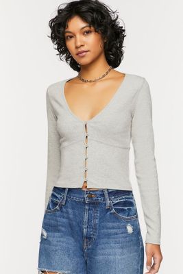 Women's V-Neck Button-Front Crop Top in Heather Grey Small