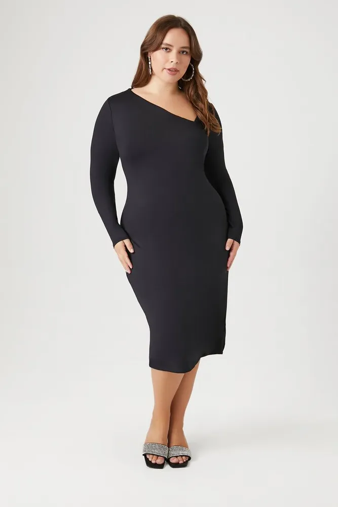 Women's Asymmetrical Midi Dress in Black, 2X