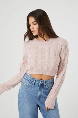 Women's Cropped Cable Knit Sweater in Pink Small