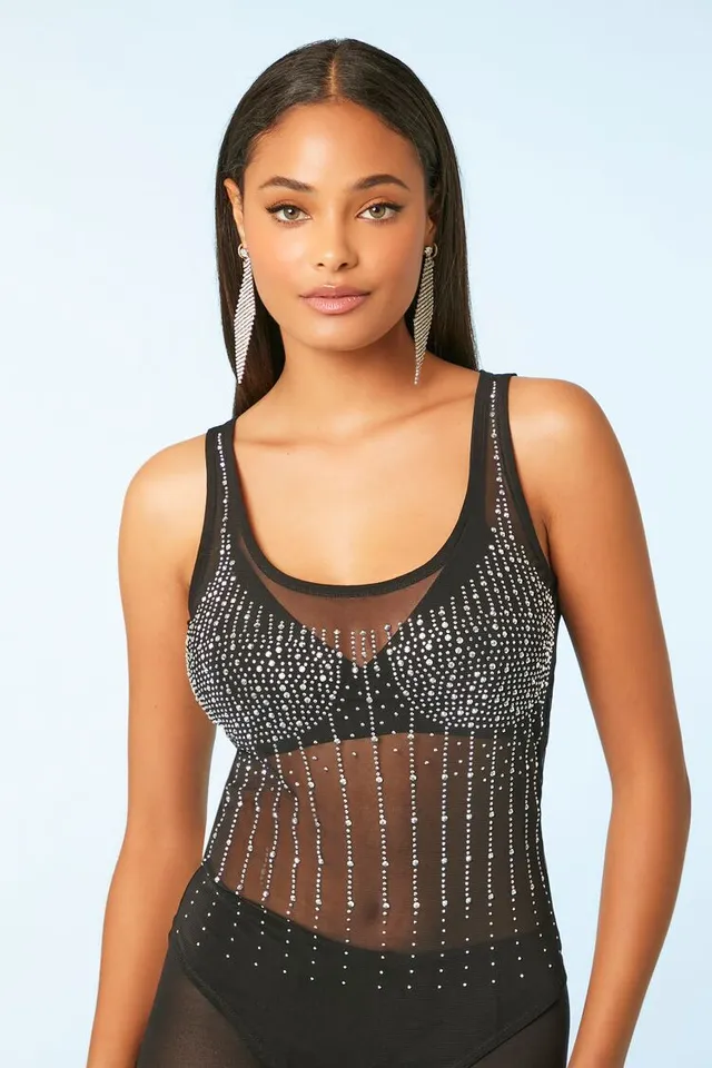 Forever 21 Women's Rhinestone Sheer Tank Bodysuit Black/Silver