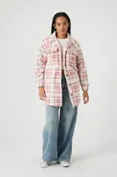 Women's Plaid Faux Shearling Longline Jacket in Pink Medium