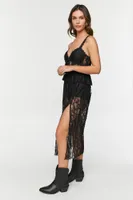 Women's Sheer Lace Slit Midi Dress in Black Small