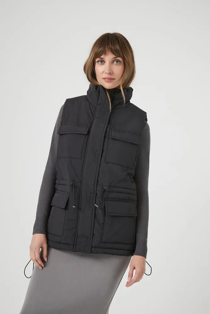 Women's Utility Cargo Puffer Vest in Black Small