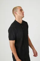 Men Ribbed Textured Polo Shirt in Black Medium