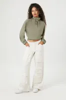 Women's Drawstring Turtleneck Crop Top in Olive Medium