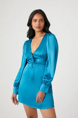 Women's Plunging Satin Tie-Front Mini Dress in Teal Medium