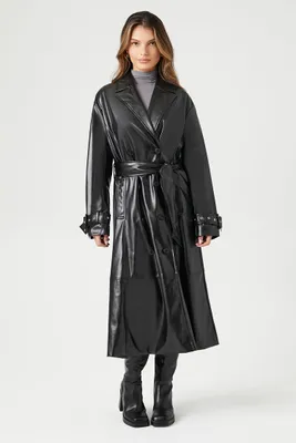 Women's Faux Leather Double-Breasted Trench Coat in Black Medium