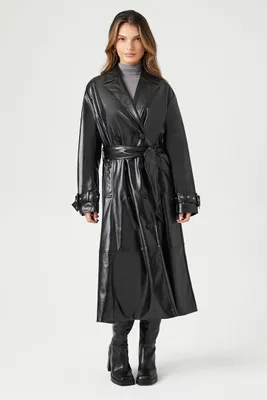 Women's Faux Leather Double-Breasted Trench Coat in Black Small