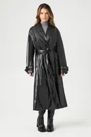 Women's Faux Leather Double-Breasted Trench Coat in Black Small