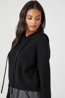 Women's Cable-Knit Drawstring Hoodie in Black, XS