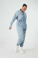 Women's Denim Funnel-Neck Jumpsuit in Medium Denim, 1X