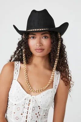 Faux Pearl Chain Cowboy Hat in Black/Gold