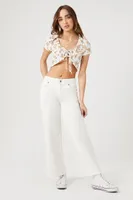 Women's Floral Print Tie-Front Crop Top in White Medium