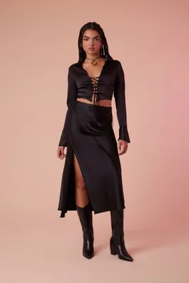 Women's Satin Slit Midi Slip Skirt in Black, XS