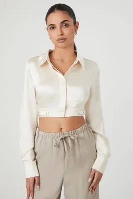 Women's Cropped Satin Long-Sleeve Shirt in Cream Small