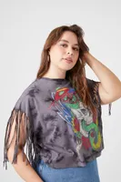 Women's Tie-Dye Poison Graphic Fringe T-Shirt in Black, 0X