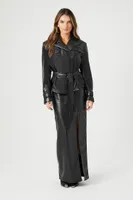 Women's Faux Leather Tie-Waist Trench Coat in Black, XS