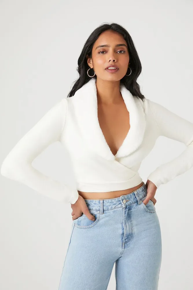 Women's Sweater-Knit Wrap Crop Top in Vanilla Large