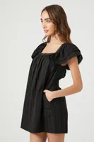 Women's Flounce-Sleeve Mini Shift Dress in Black Medium