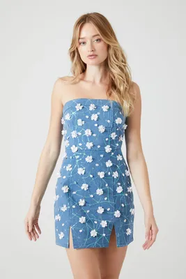 Women's Sequin Flower Denim Mini Tube Dress in Medium Denim