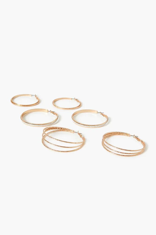 Women's Etched Hoop Earring Set in Clear/Gold