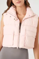 Women's Cropped Zip-Up Puffer Vest in Pink Icing Large