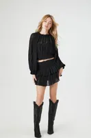 Women's Peasant-Sleeve Ruffle Crop Top in Black Small