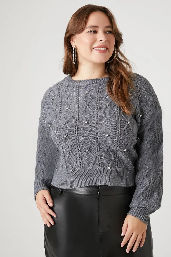 Women's Rhinestone Cable Knit Sweater Dark Grey,