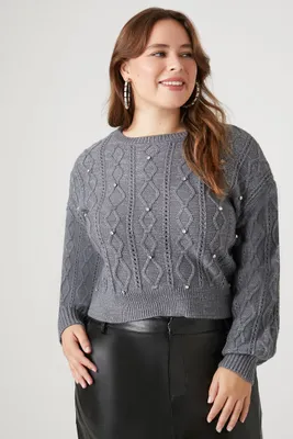 Women's Rhinestone Cable Knit Sweater in Dark Grey, 0X