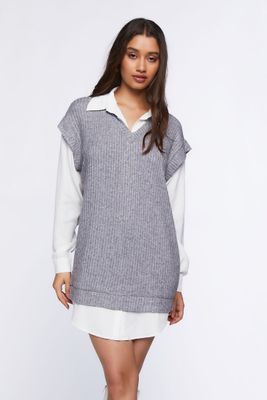 Women's Sweater Vest & Shirt Combo Dress in Heather Grey/White Medium