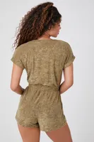 Women's French Terry Surplice Romper in Olive Small