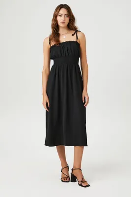 Women's Smocked Tie-Strap Midi Dress in Black, XL