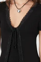 Women's Lace-Trim Sweater-Knit Top in Black Small