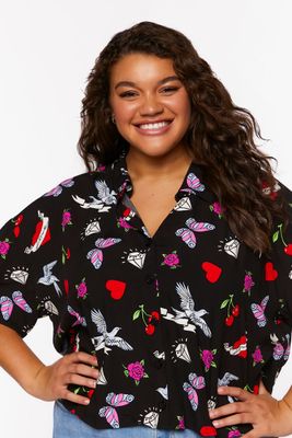 Women's Floral Butterfly Print Shirt in Black, 1X