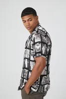 Men Rayon Photo Print Shirt in Black Large