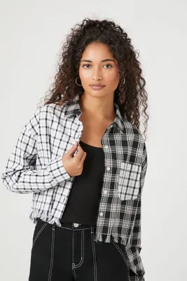 Women's Cropped Plaid Flannel Shirt in Black/White, XL