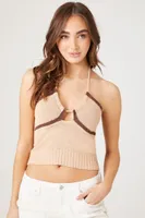 Women's Sweater-Knit Halter Crop Top in Brown/Dark Brown Large