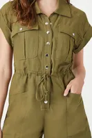 Women's Linen-Blend Button-Front Romper in Olive, XS