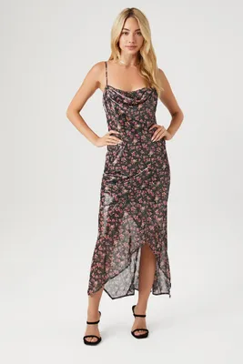 Women's Floral Print Cowl Midi Dress in Black Medium